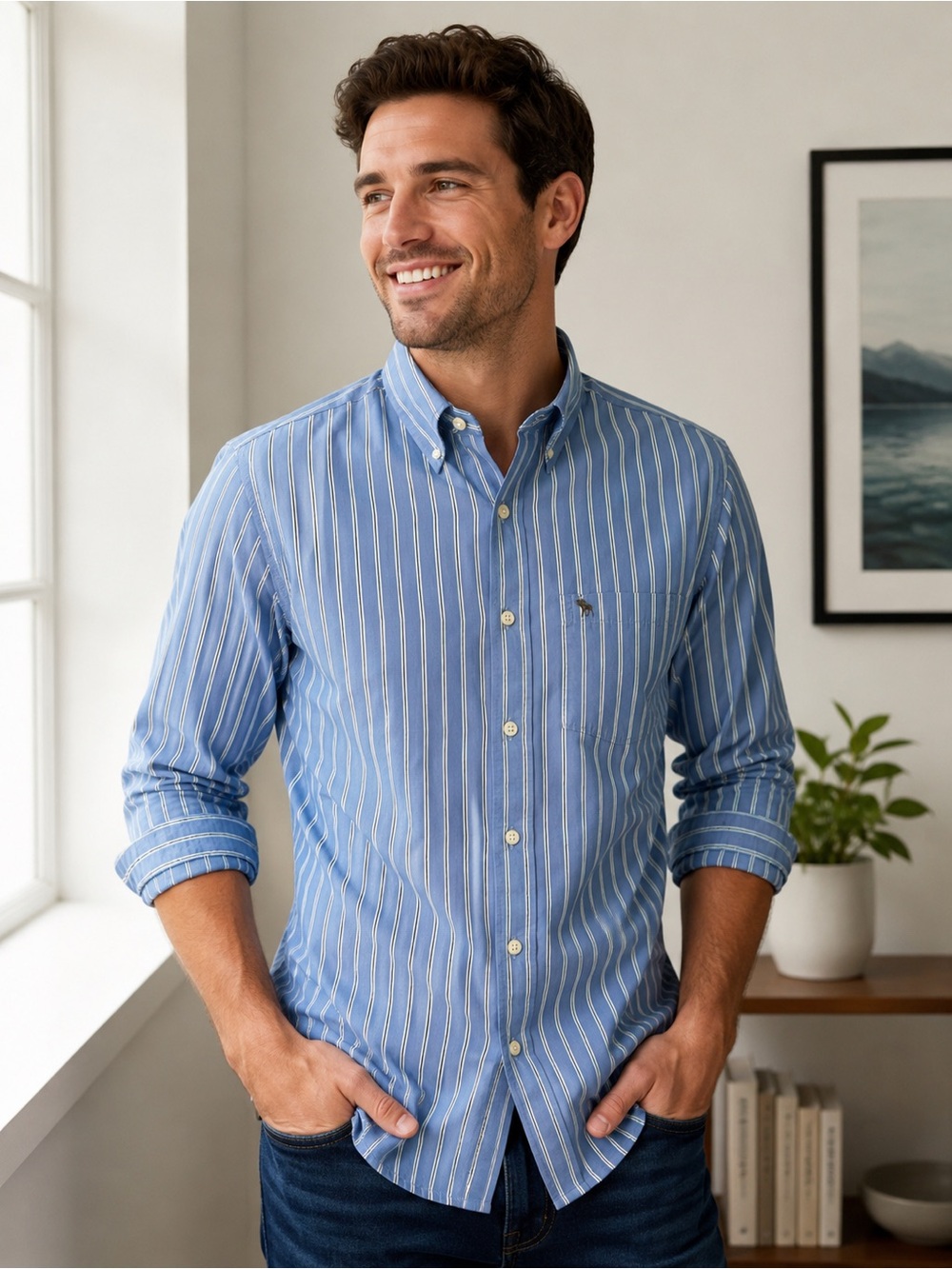 Abercrombie & Fitch Muscle Fit Blue and White Striped Button-Down Shirt Size M